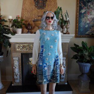 Moschino CheapandChic Ivory/Light Blue City Skyline Print A Line Dress Size 6